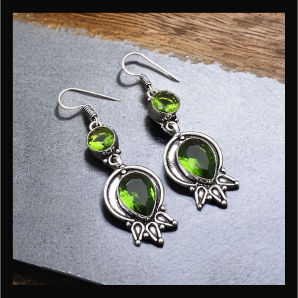 Peridot Handcrafted Drop Dangle Hook Style Earrings 2.32" Long Made In India NWT - Picture 15 of 16